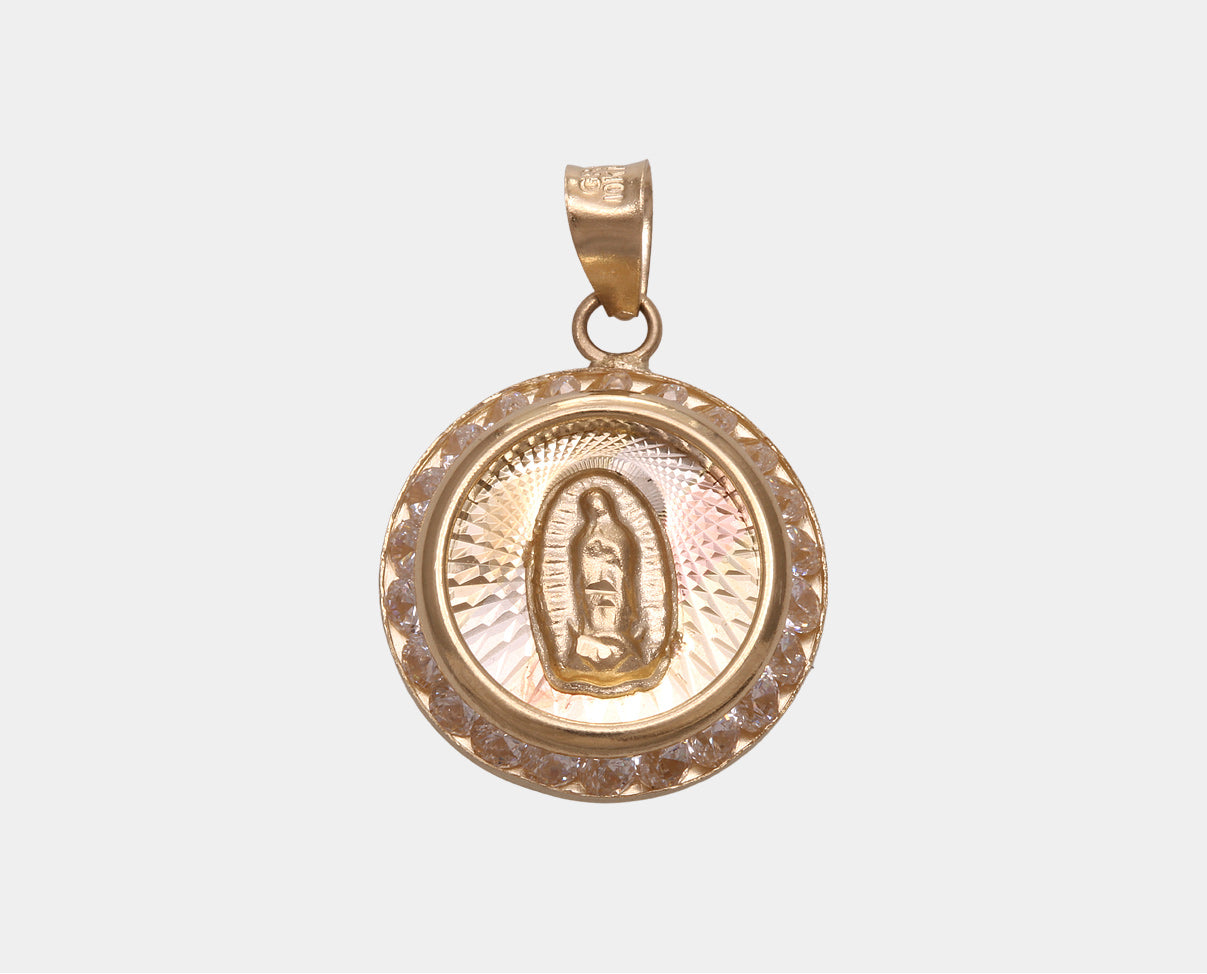 Medalla Virgen Guadalupe con Zirconia Oro Florentino 10k. Joyeria Religiosa. Regalos de Primera comunión y Bautizo