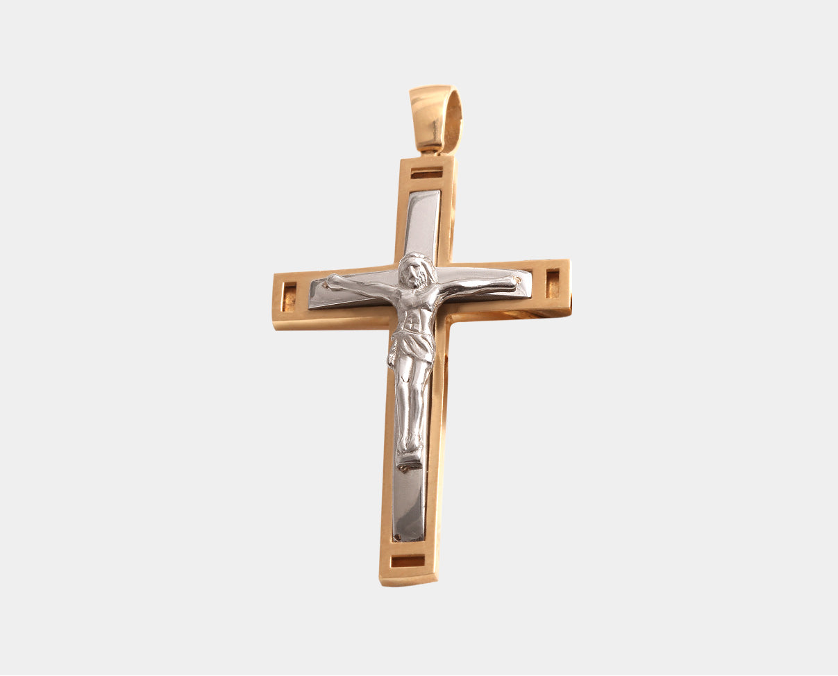 Cruz con Cristo Oro Combinado 14k.  Joyería Religiosa. Joyería para hombre.