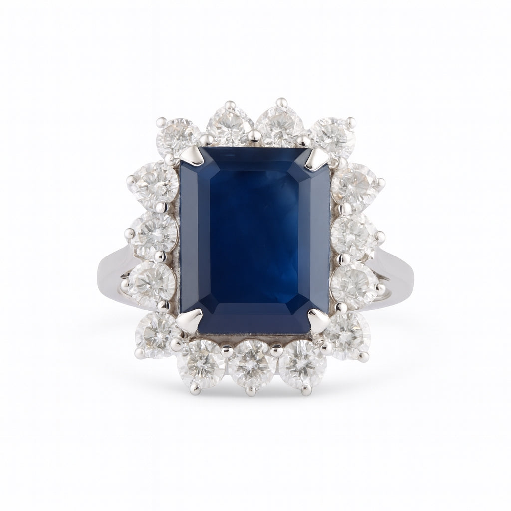 Anillo con zafiro y halo de diamantes