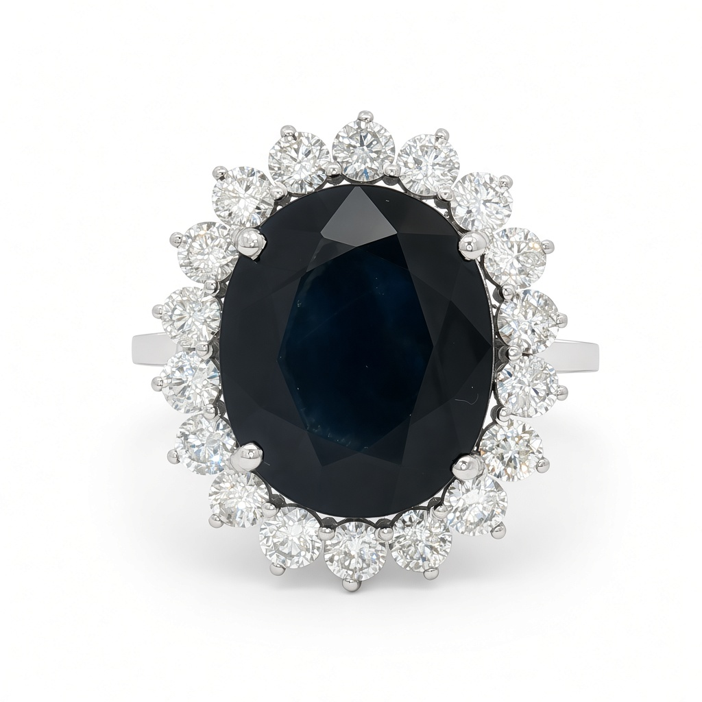 Anillo con zafiro y halo de diamantes
