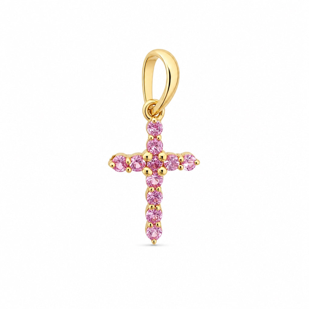Cruz oro amarillo 14k con zafiro rosa