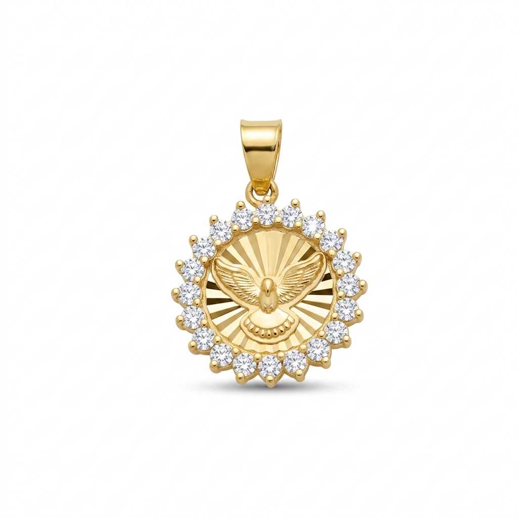 Medalla oro amarillo redonda Espíritu Santo con circonia