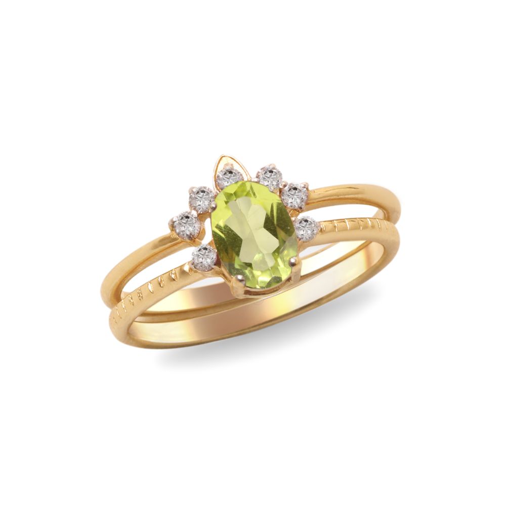 Anillo con peridoto y ensamble de corona de diamantes en oro amarillo de 14k