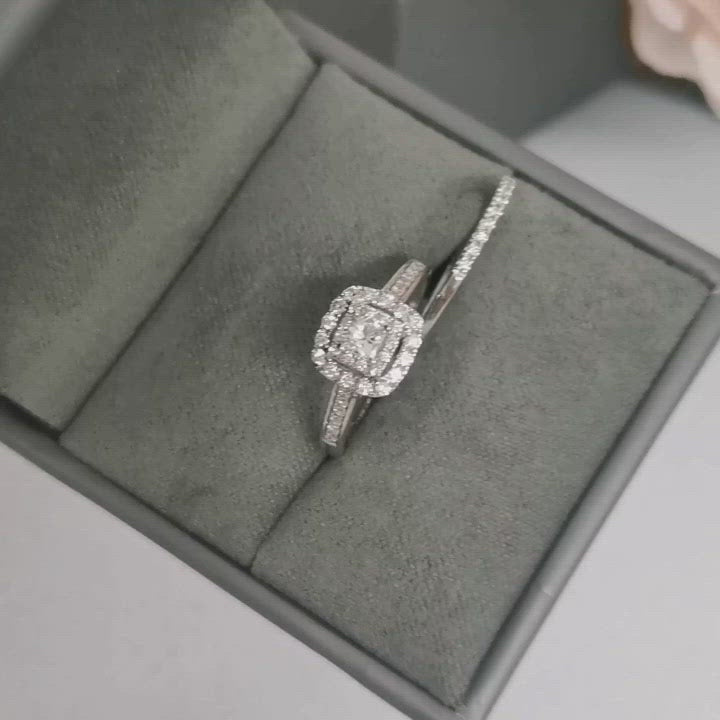 Duo anillo de compromiso estilo vintage y churumbela con diamante oro blanco. Alianza. Anillo y churumbela oro blanco. 