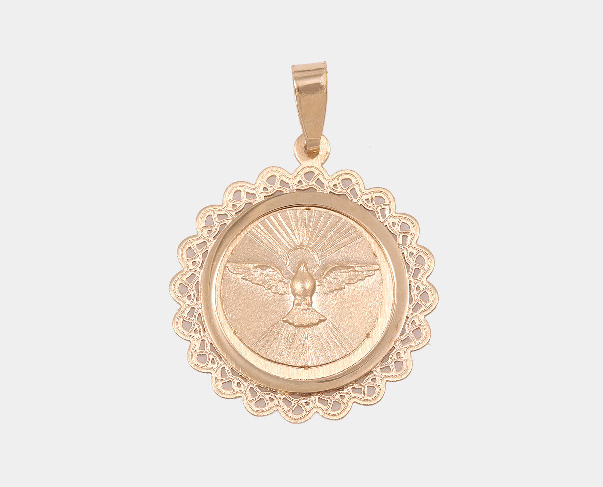 Medalla Redonda Espiritu Santo Oro Amarillo 14k. Joyería Religiosa. Joyería para Primera Comunión. Medallas. 
