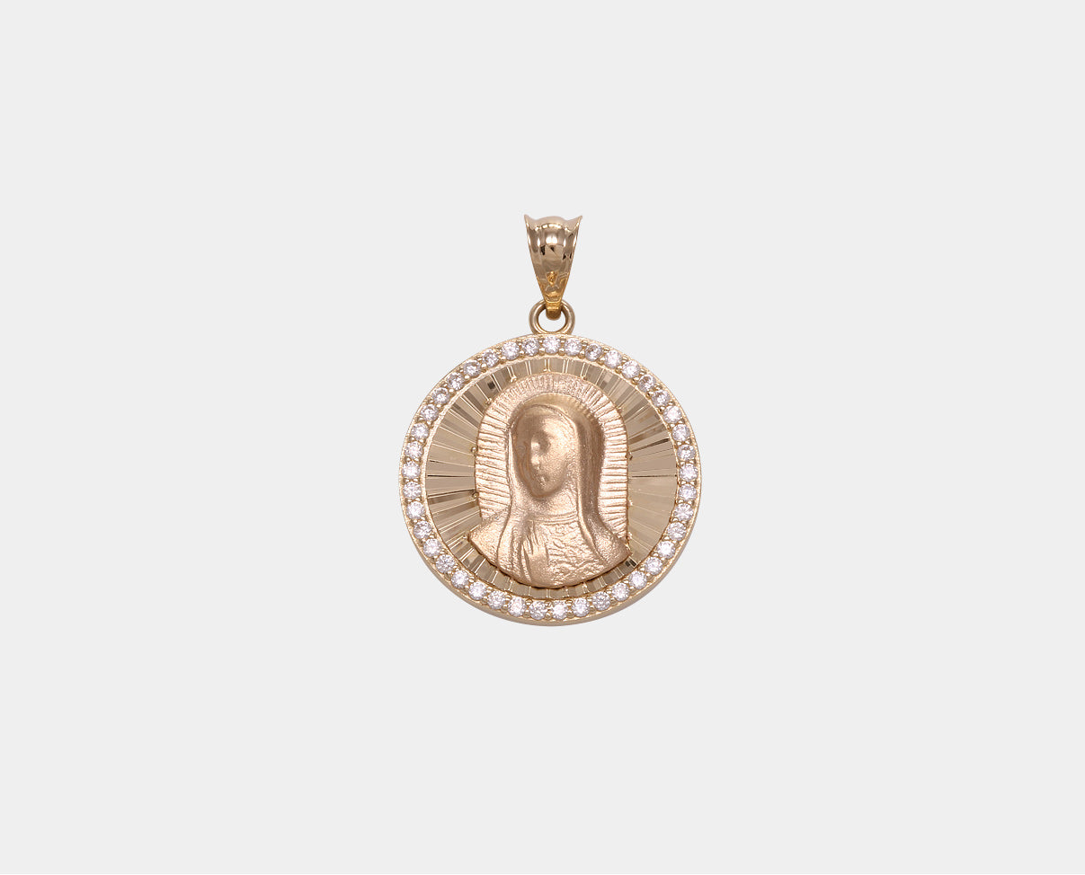 Medalla redonda Virgen María Oro Amarillo con circonia 10k. Joyería Religiosa. Joyería para primera comunión.