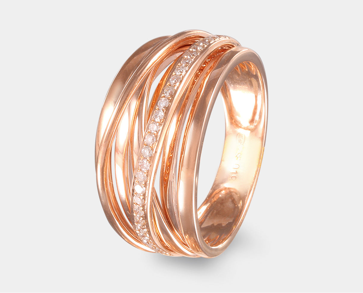 anillo diseño trenzado con diamante en oro rosa 14k