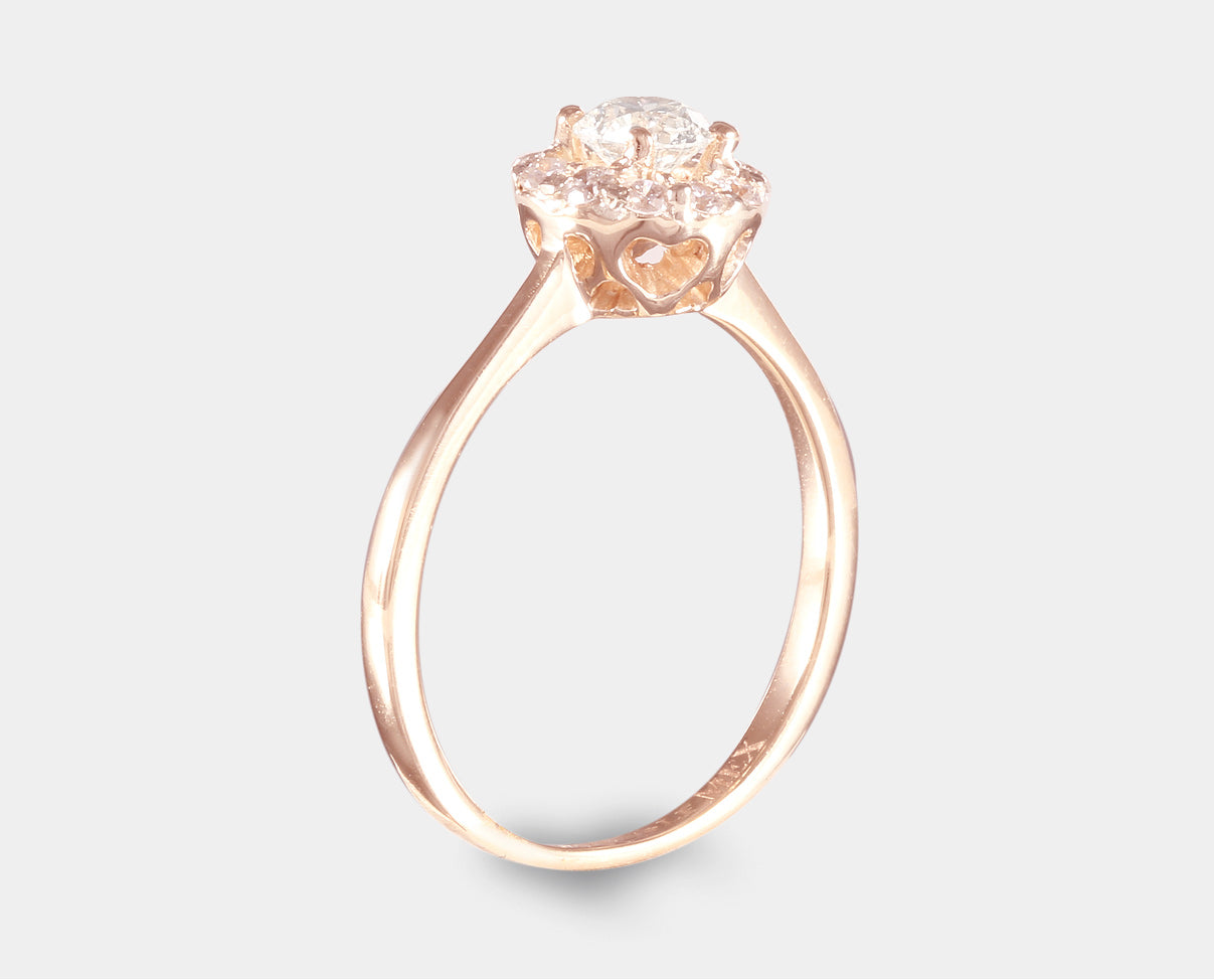 Anillo de compromiso con halo de diamantes en oro rosa de 14k. Anillo de compromiso.