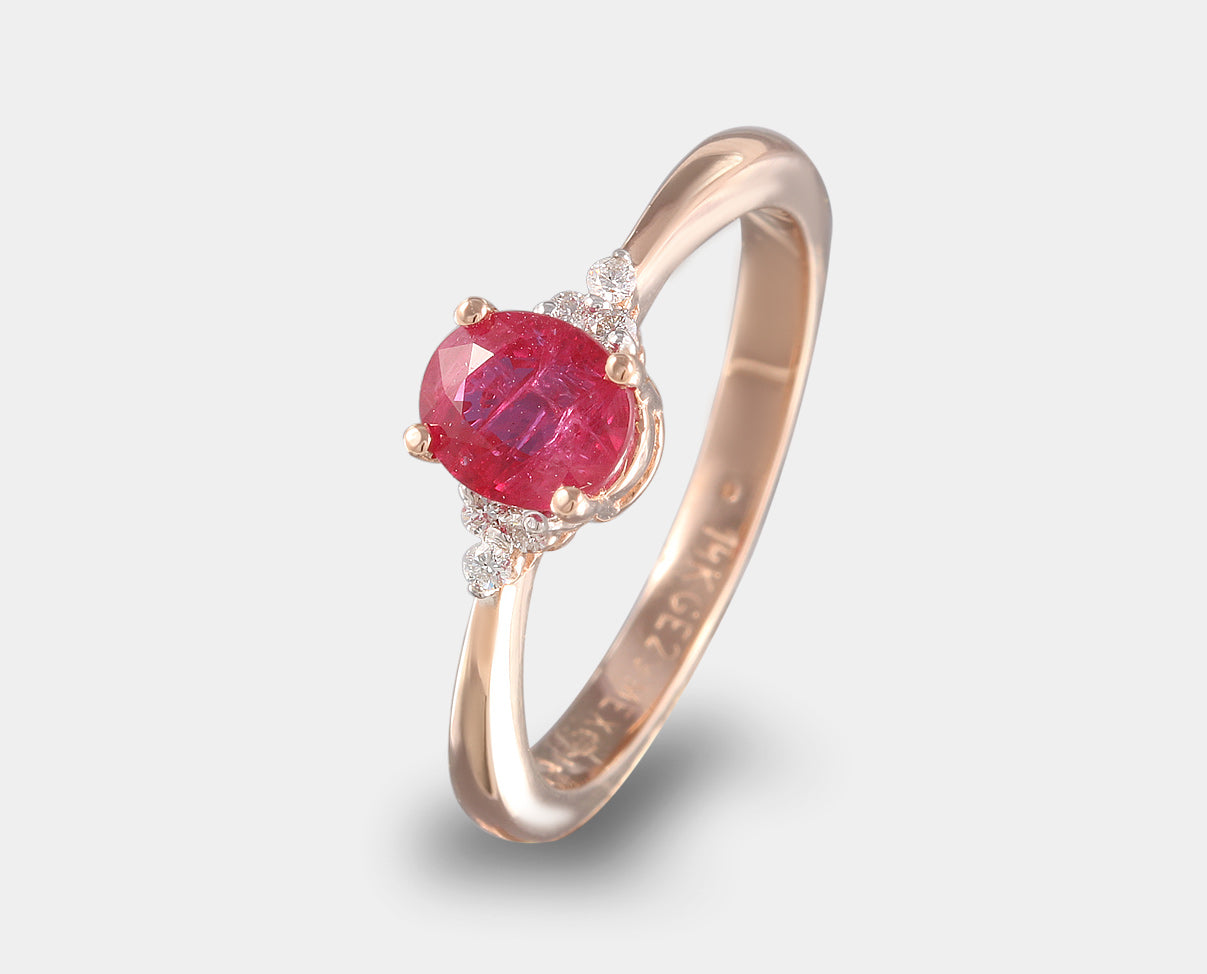 Anillo oro rosa con rubi y diamantes, anillo de compromiso con piedra natural.