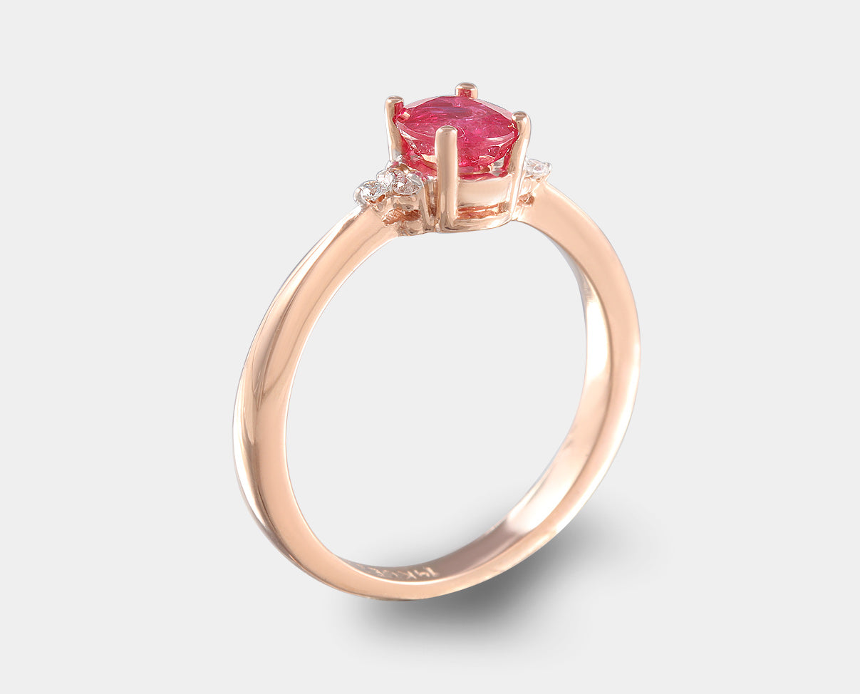 Anillo oro rosa con rubi y diamantes, anillo de compromiso con piedra natural