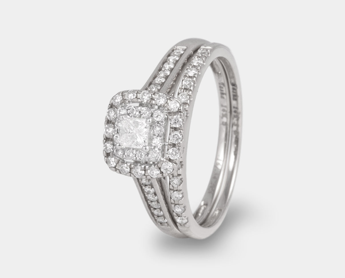 Duo anillo de compromiso estilo vintage y churumbela con diamante oro blanco. Alianza de compromiso. Anillo y churumbela oro blanco. 