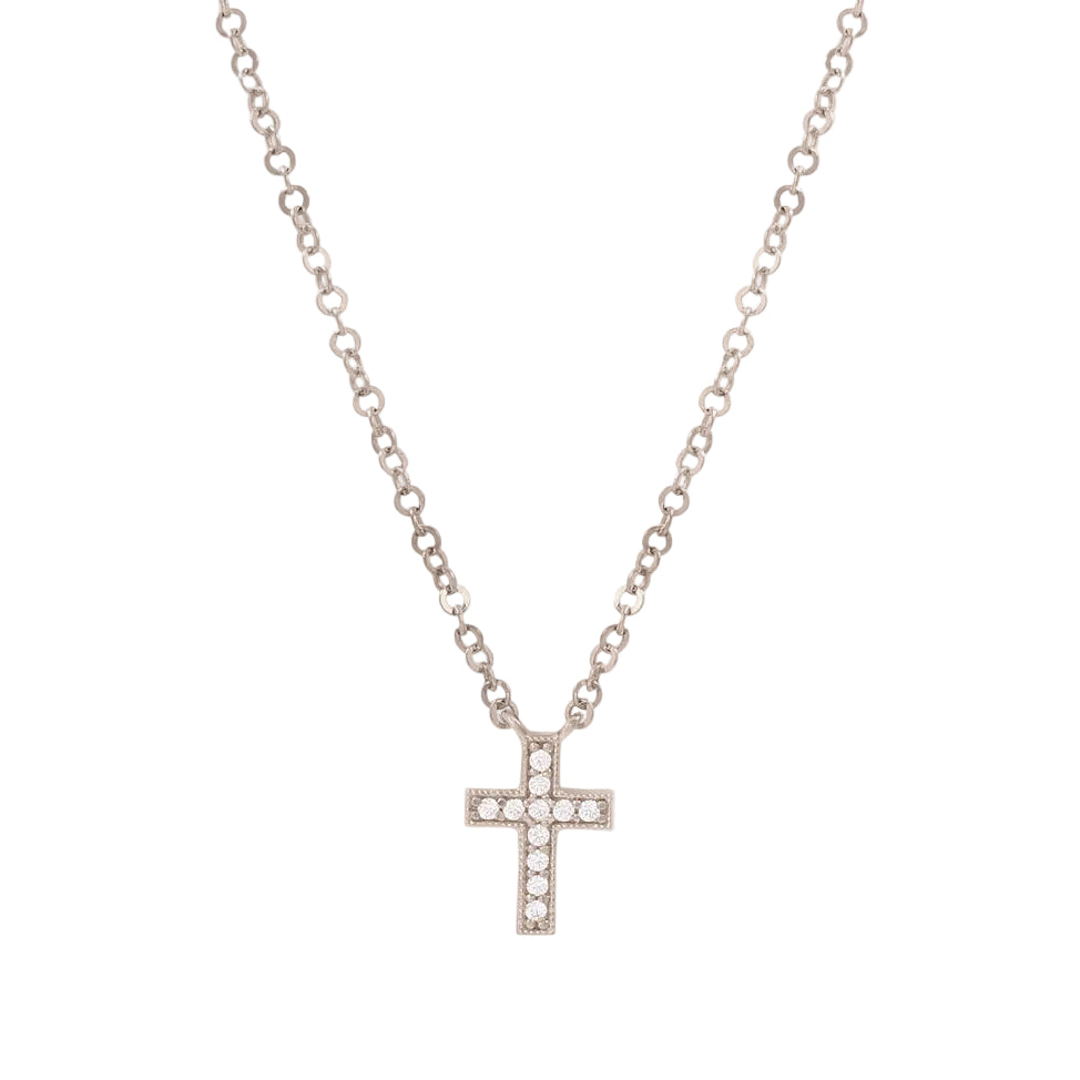 Gargantilla Cruz con Circonia Oro Blanco 14k. Regalos religiosos y Primera Comunión.
