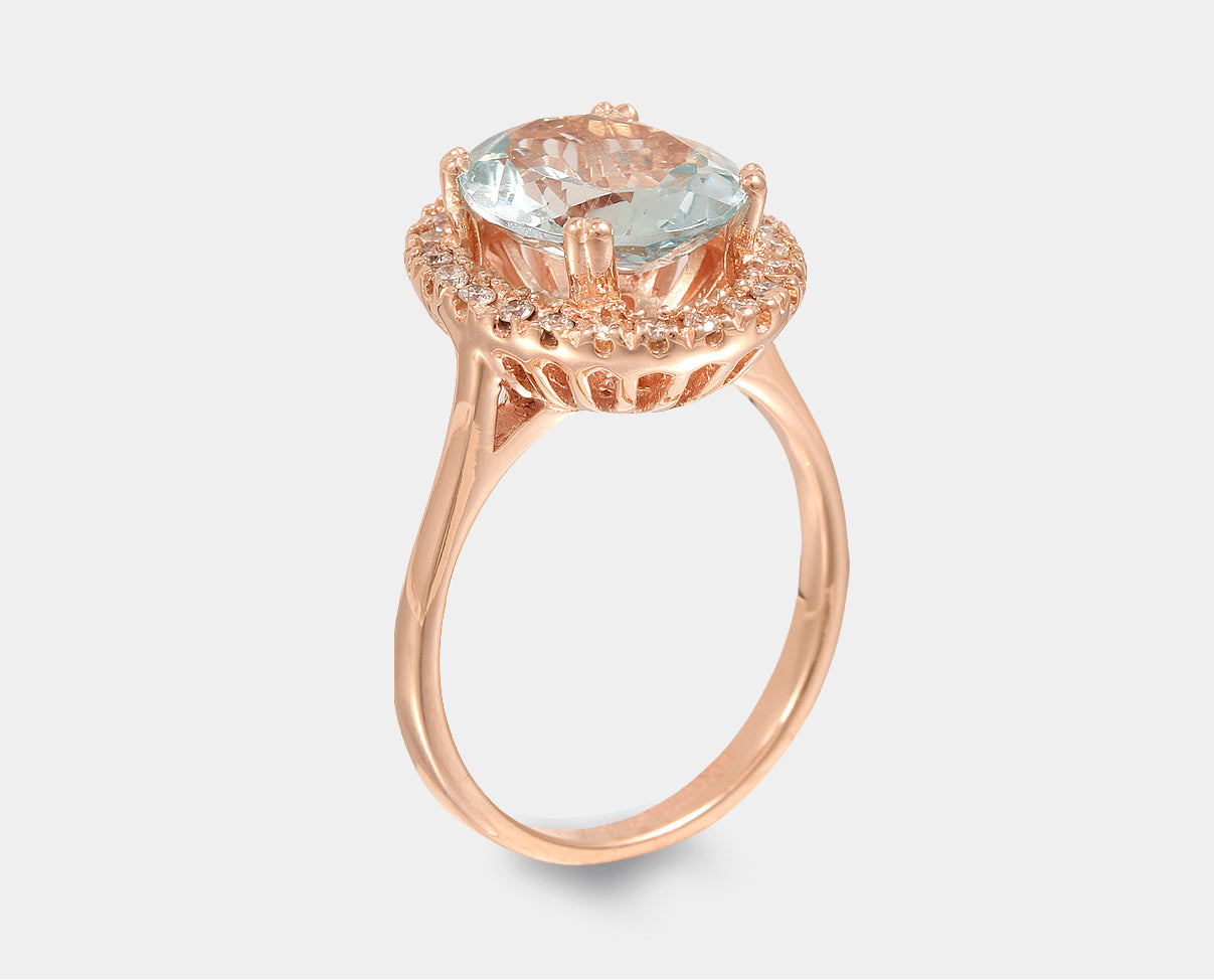 Precioso Anillo de Oro Rosa 14k con Aguamarina y Diamantes. Anillos Piedras Naturales y Semipreciosas.