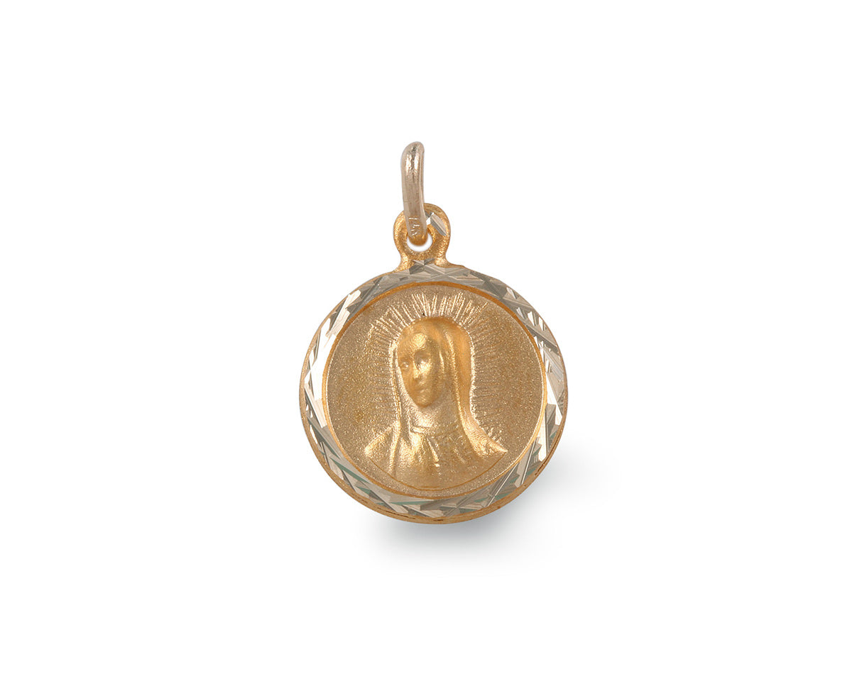 Medalla redonda Virgen de Guadalupe oro amarillo 14k. Regalos para primera comunión y Bautizo.Joyas Religiosas.