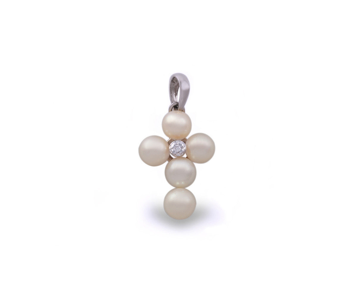 Cruz oro blanco 14k perlas con diamante. Primera comunion y bautizo