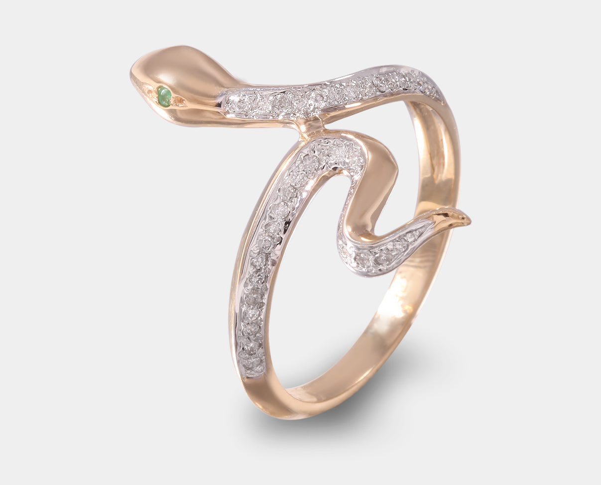 anillo diseño de serpiente oro amarillo con esmeralda y diamante. anillo vivora