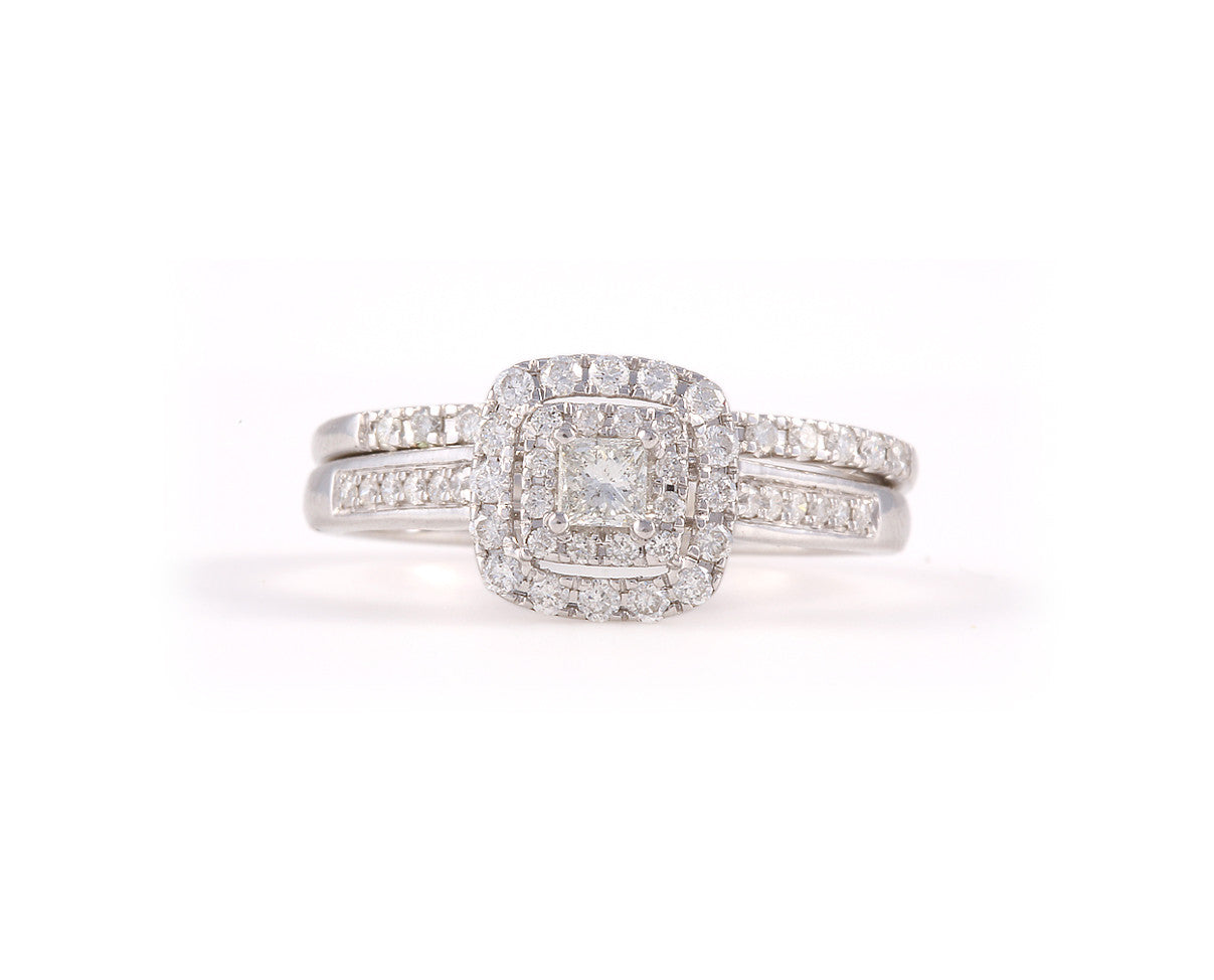 Duo anillo de compromiso estilo vintage y churumbela con diamante oro blanco. Alianza. Anillo y churumbela oro blanco. 
