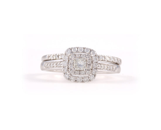 Duo anillo de compromiso estilo vintage y churumbela con diamante oro blanco. Alianza. Anillo y churumbela oro blanco. 