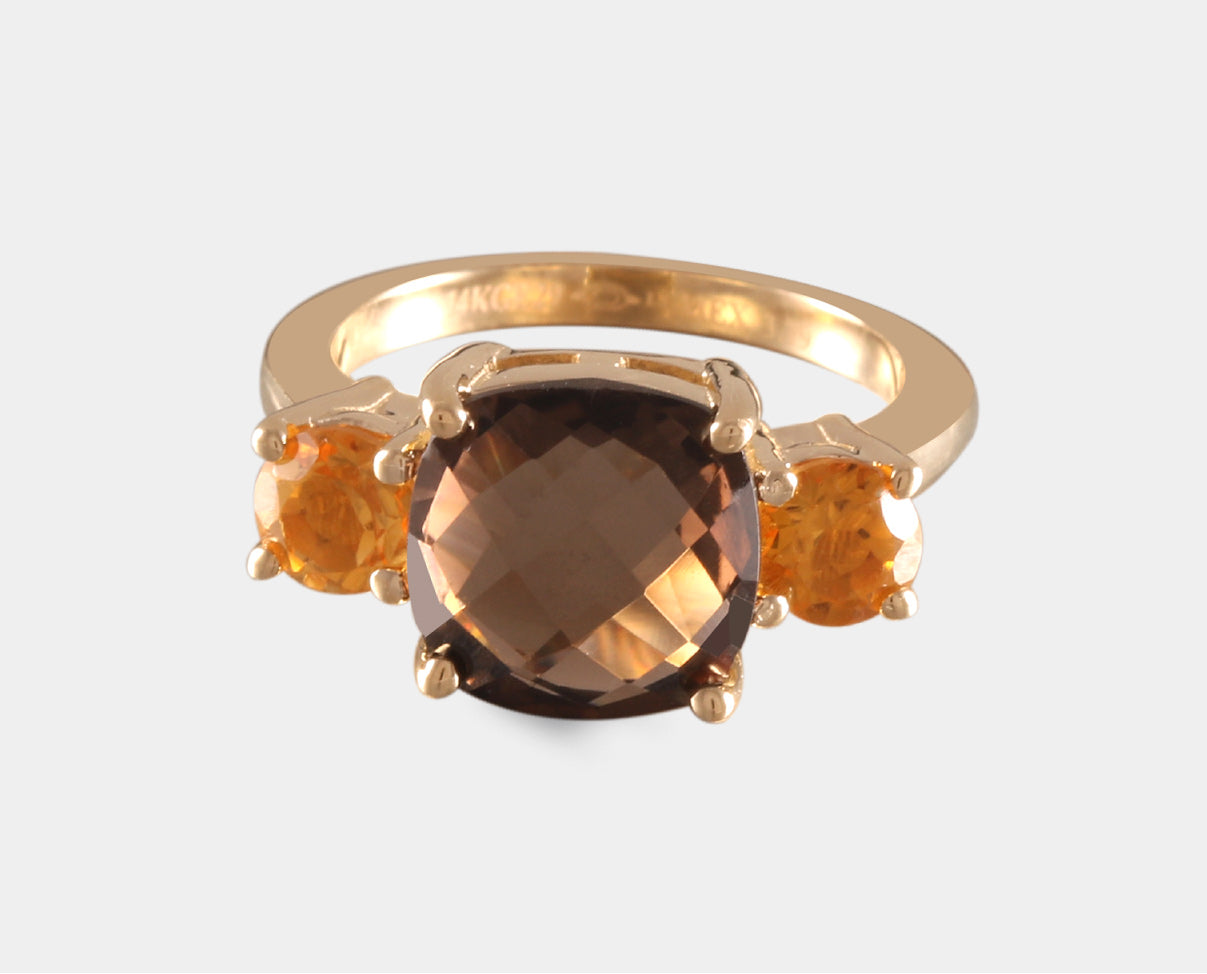 Espectacular Anillo Oro Amarillo 14Kcon Topacio Café corte cushion y laterales Citrina corte redondo. Anillos Piedras Naturales. Gemas.