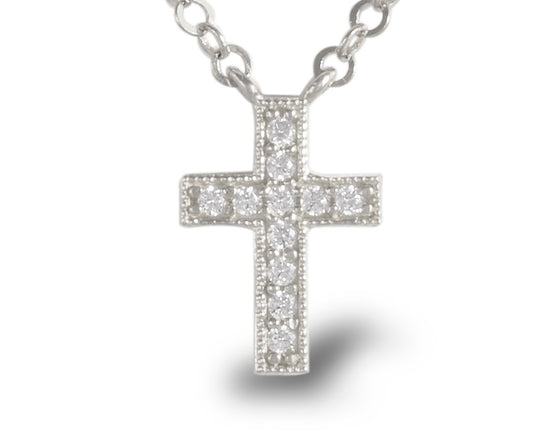 Gargantilla Cruz con Circonia Oro Blanco 14k. Regalos religiosos y Primera Comunión.