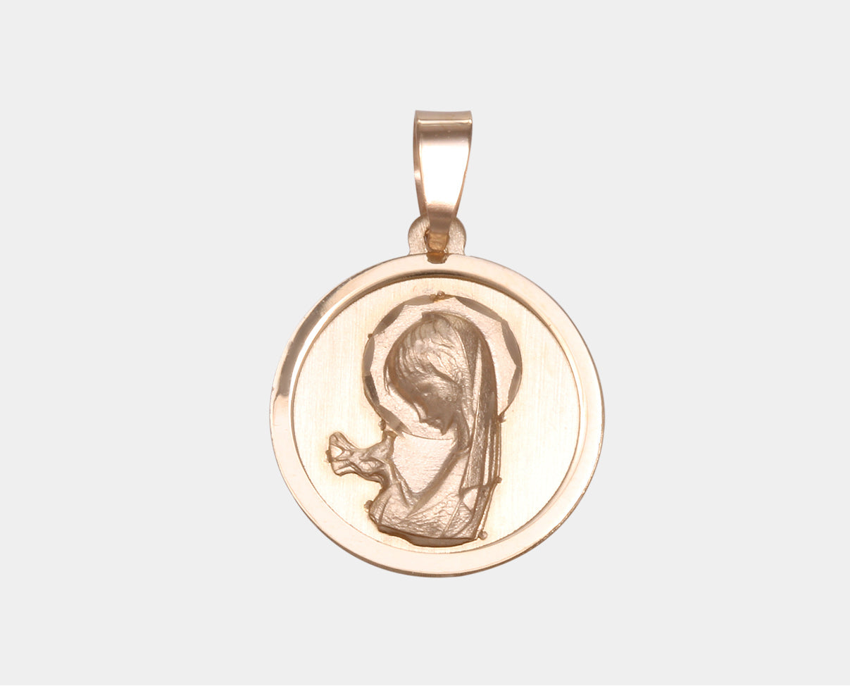 Medalla redonda Virgen María Oro Amarillo 10k. Joyería Religiosa. Joyería para primera comunión.